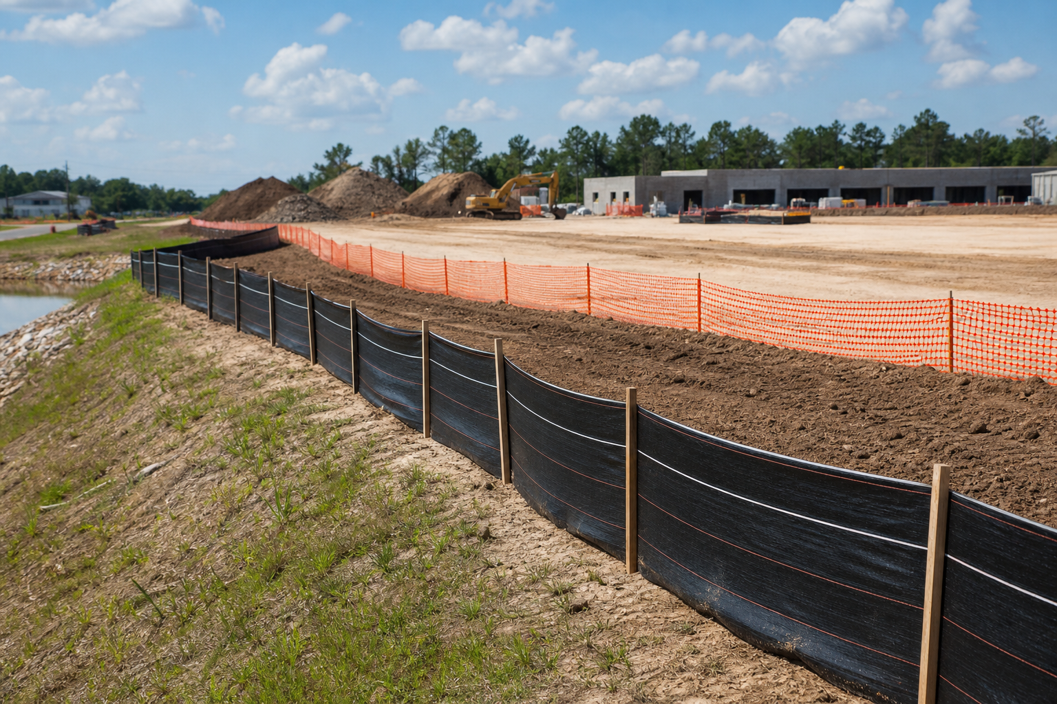 Temporary erosion-control fencing installed around a construction site